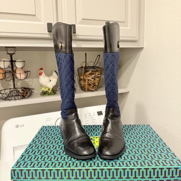Tory Burch Black Leather & Blue Quilted Roslie Tall Riding Boots with Gold Logo - Picture 12 of 17